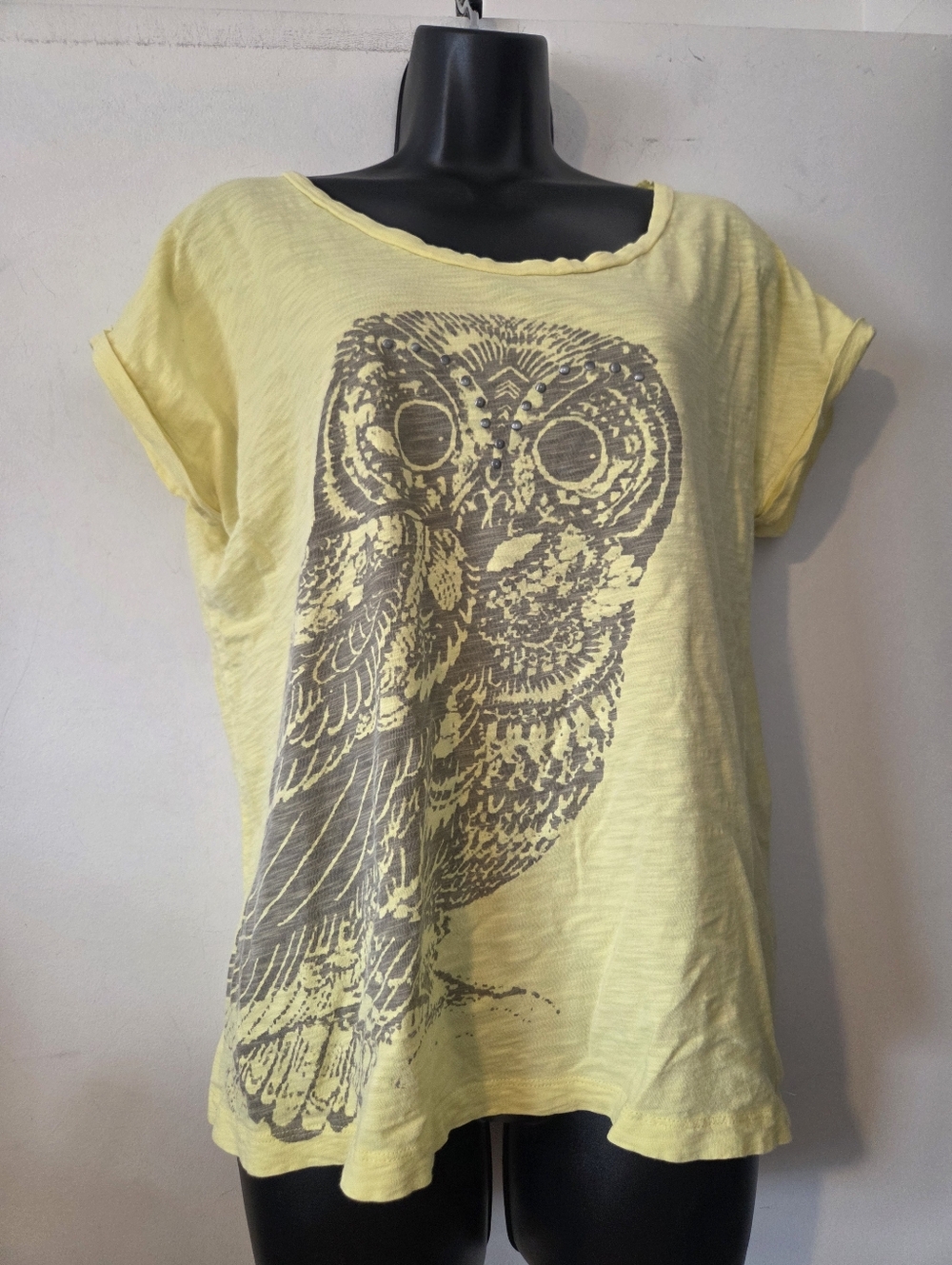 Denver Hayes Yellow Studded Graphic Tee with Owl Motif